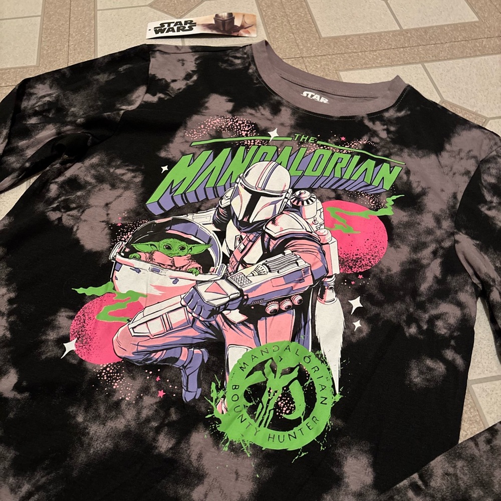 NEW Star Wars The Mandalorian Tie-Dye Tee - Black with Pink & Green Graphics
